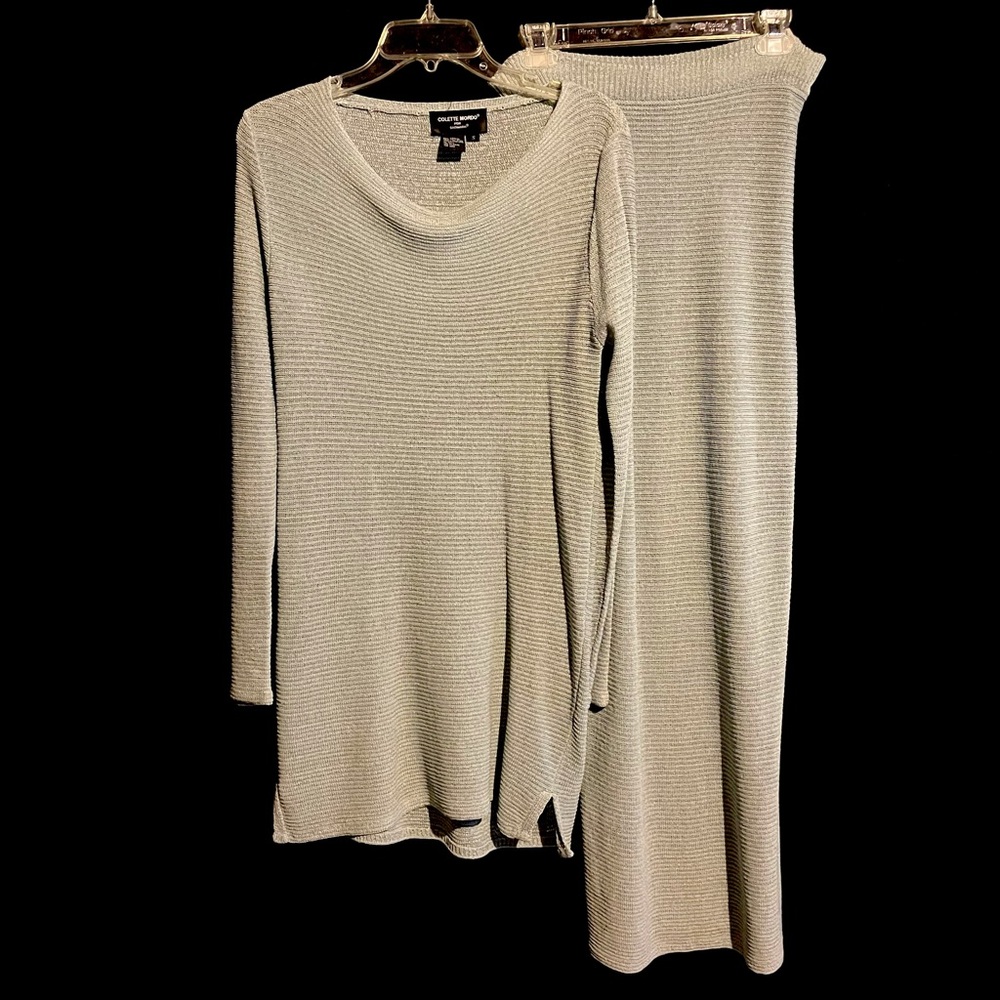 Seafoam colored set: knit skirt + long sleeve top by Colette Mordo for Sadimera
